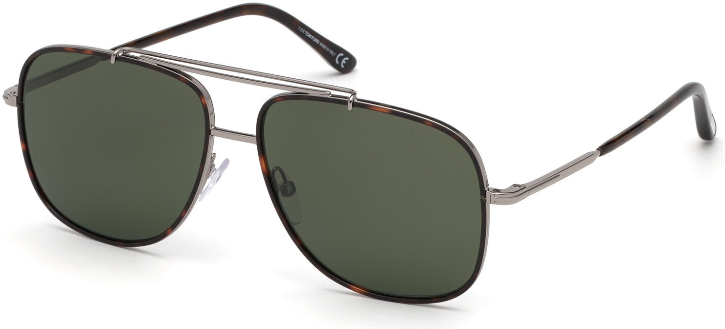 Tom Ford FT0693 Benton Geometric Sunglasses 14N-14N - Light Ruthenium, Classic Dark Havana Acetate Rims/ Green Smoke Lenses