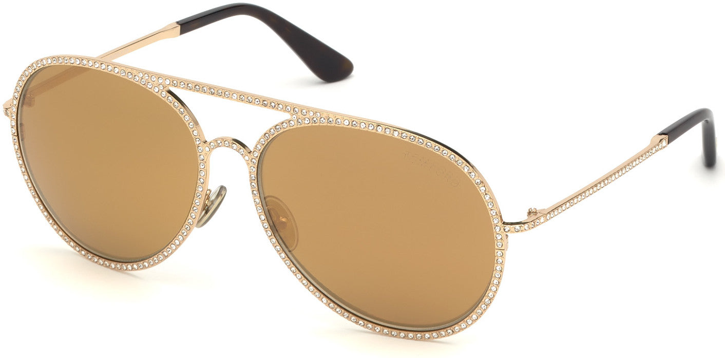 Tom Ford FT0728 Antibes Pilot Sunglasses 28G-28G - Rose Gold W. Pave Swarovski Crystals/ Brown Mirrored Lenses