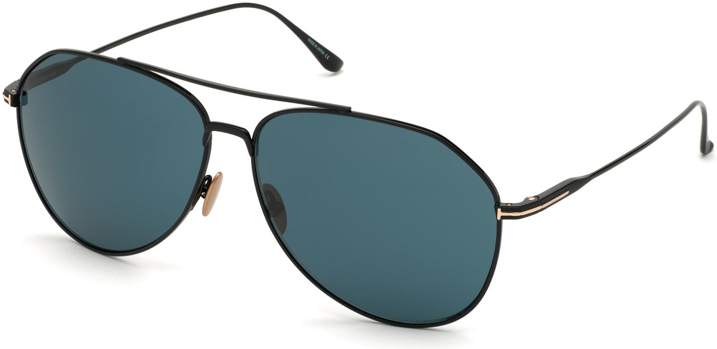 Tom Ford FT0747 Cyrus Pilot Sunglasses 01V-01V - Shiny Black Titanium/ Blue-Green Lenses