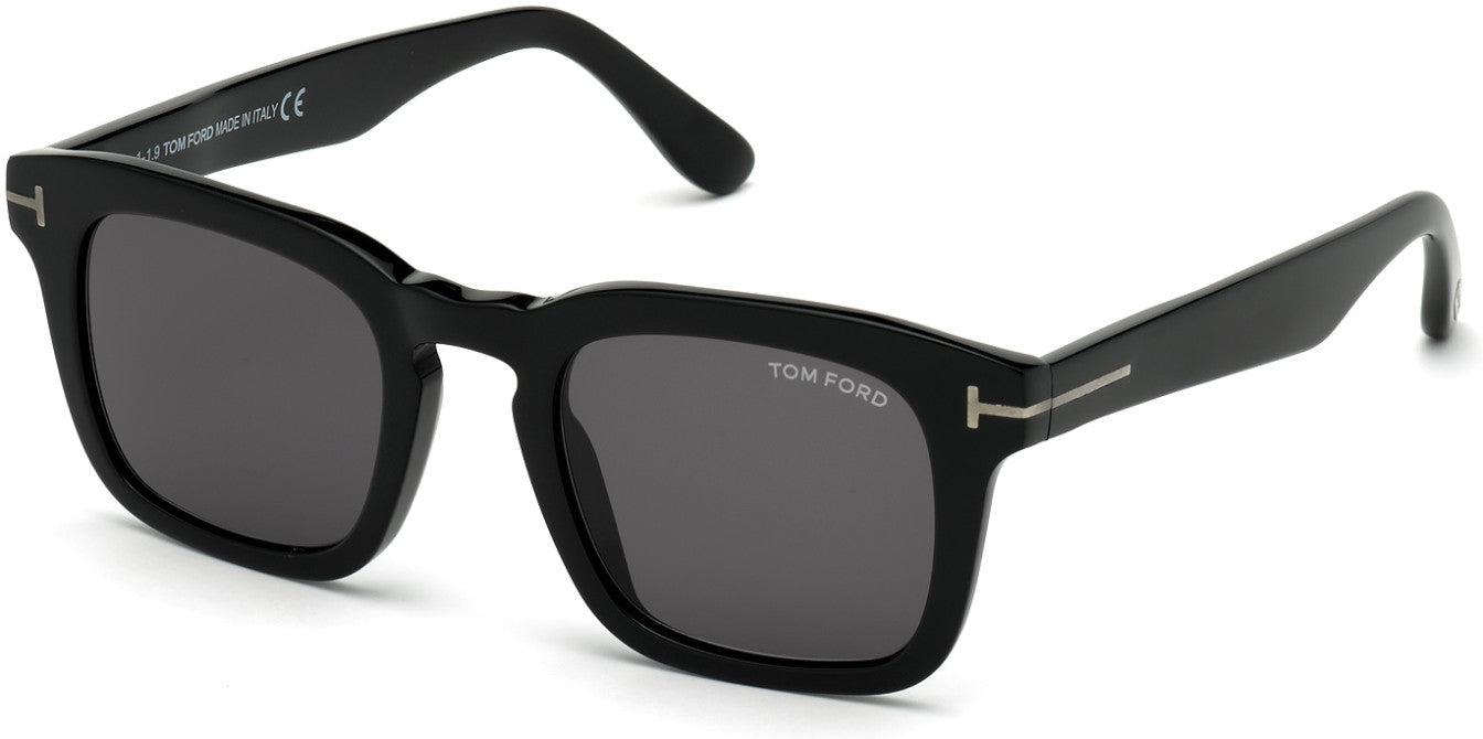 Tom Ford FT0751-F-N Dax Square Sunglasses 01A-01A - Shiny Black/ Smoke Lenses/ Gunmetal "t" Temple Detail