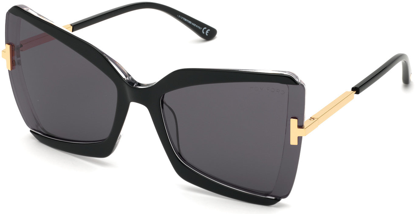Tom Ford FT0766 Square Sunglasses 03A-03A - Black & Crystal W. Endura Gold Temples/ Grey Lenses