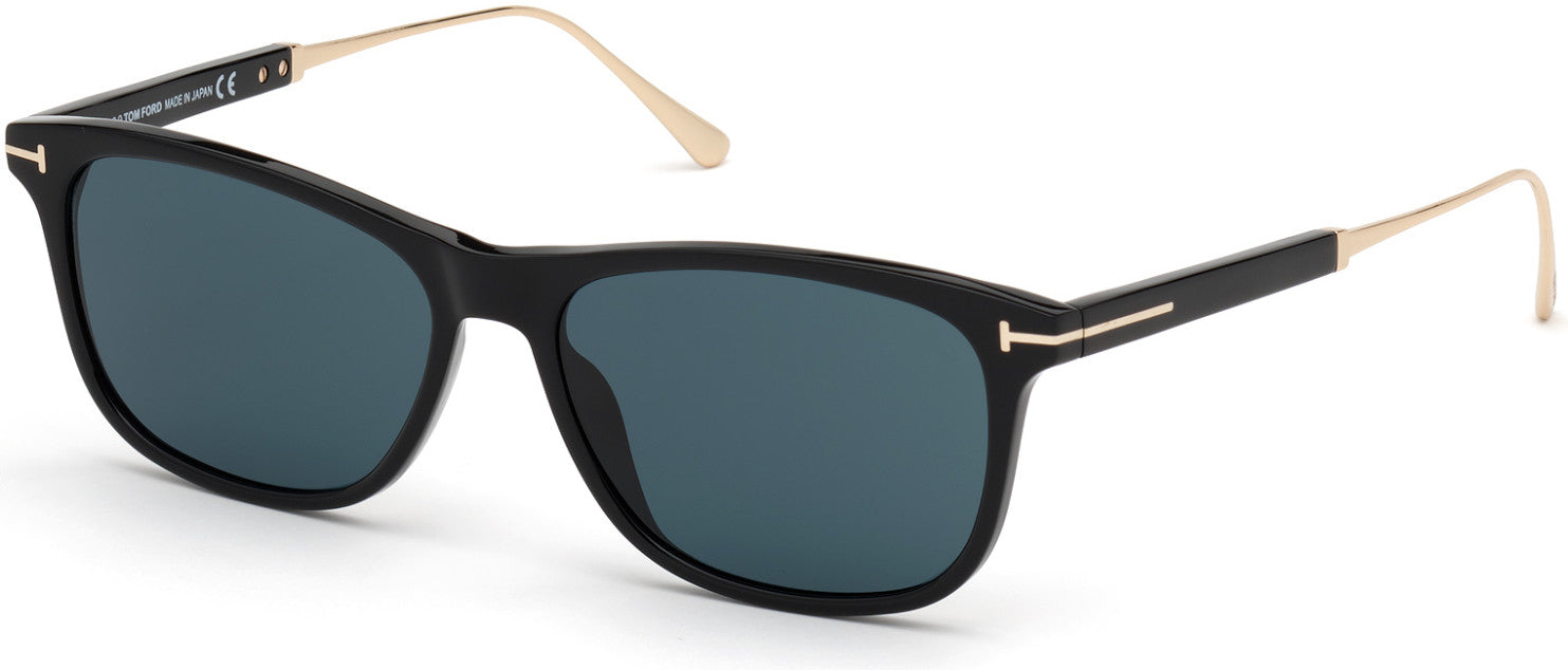Tom Ford FT0813 Caleb Rectangular Sunglasses 01V-01V - Shiny Black/ Blue Lenses