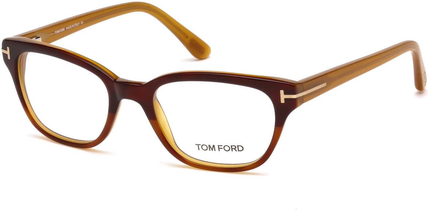 Tom Ford FT5207 Geometric Eyeglasses 050-050 - Shiny Chestnut Havana Front, Honey Temples