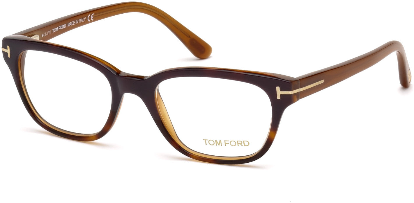Tom Ford FT5207 Geometric Eyeglasses 083-083 - Shiny Dark Violet Top Front, Red Havana, Transparent Brown Temples