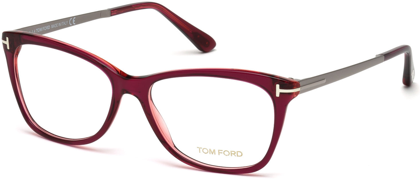Tom Ford FT5353 Geometric Eyeglasses 026-075 - Shiny Transparent Fuchsia, Shiny Brushed Light Ruthenium