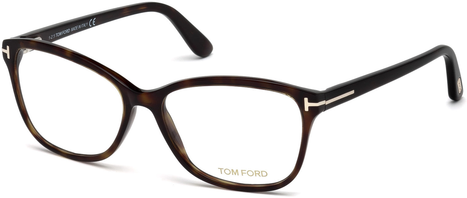 Tom Ford FT5404 Geometric Eyeglasses 052-052 - Shiny Dark Classic Havana, Shiny Rose Gold "t" Logo