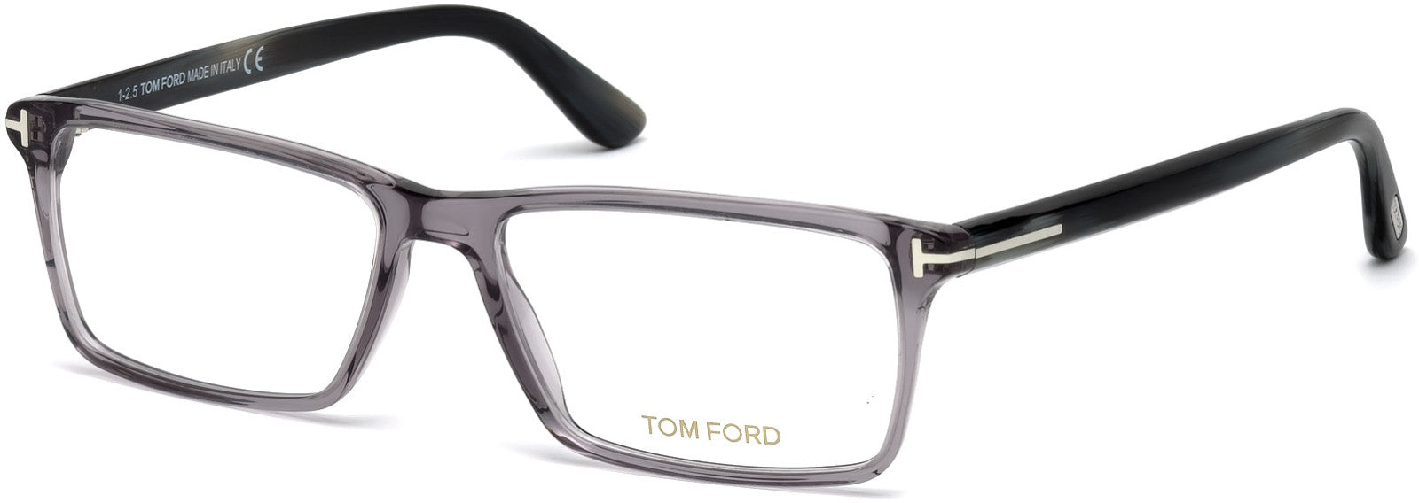 Tom Ford FT5408 Geometric Eyeglasses 020-020 - Transp. Grey, Grey Horn Effect Temples, Shiny Palladium "t" Logo