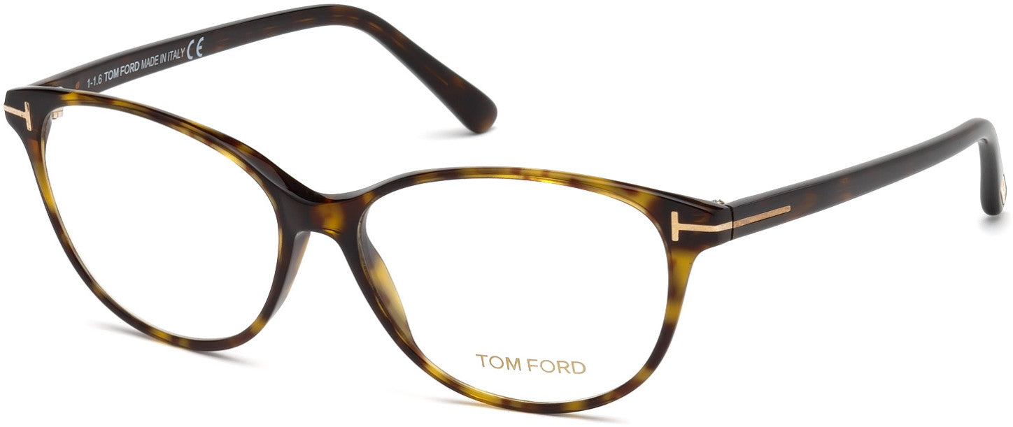 Tom Ford FT5421 Cat Eyeglasses 052-052 - Shiny Classic Dark Havana, Rose Gold Metal "t" Logo