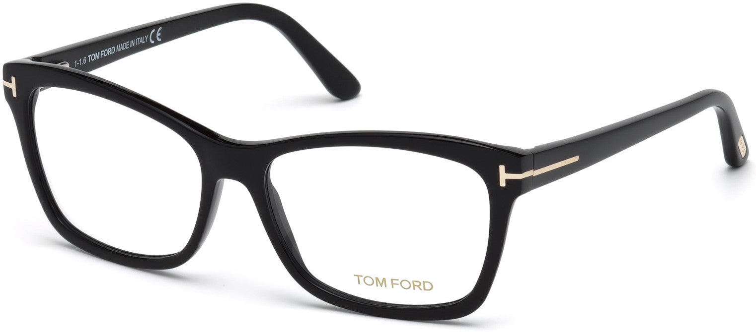 Tom Ford FT5424 Geometric Eyeglasses 001-001 - Shiny Black, Shiny Rose Gold Metal "t" Logo