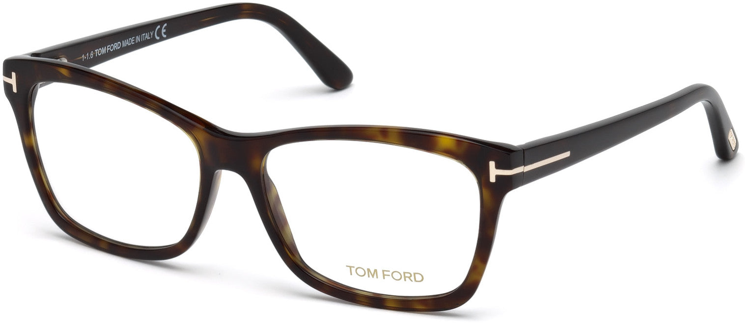 Tom Ford FT5424 Geometric Eyeglasses 052-052 - Shiny Classic Dark Havana, Rose Gold Metal "t" Logo