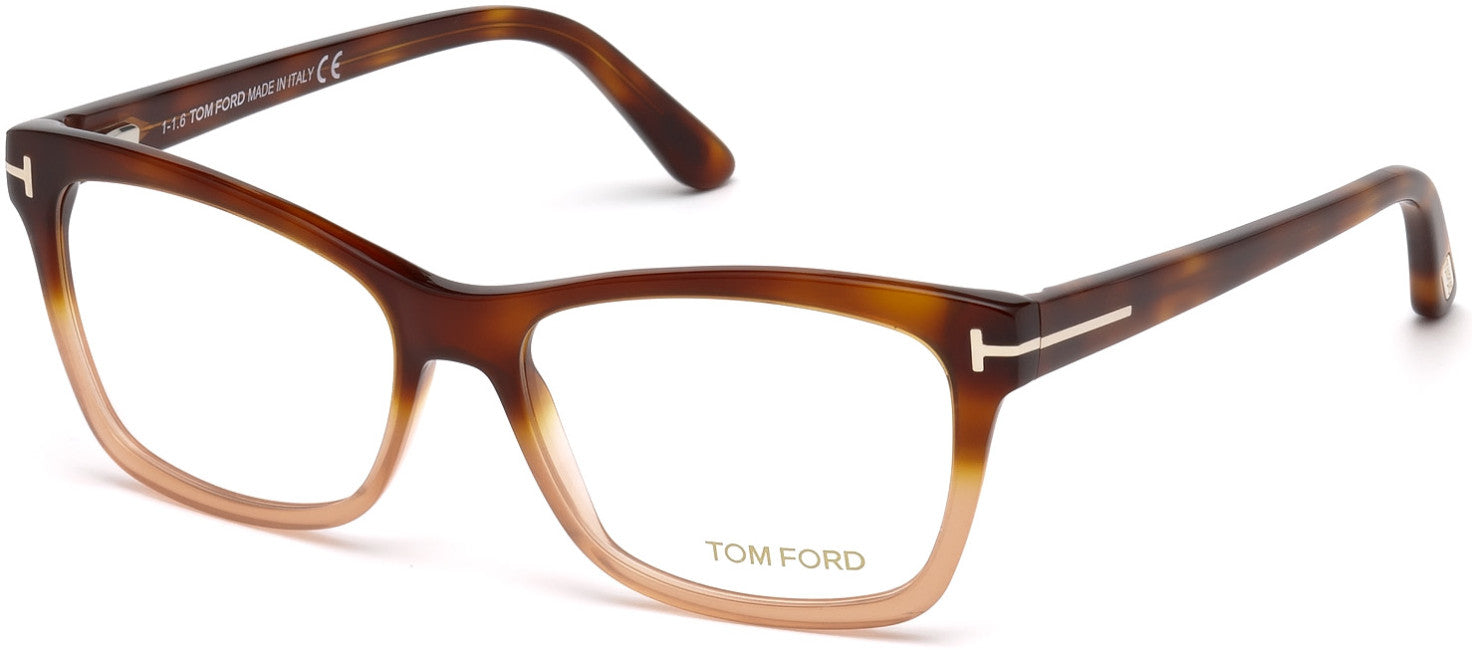 Tom Ford FT5424 Geometric Eyeglasses 056-056 - Gradient Havana-To-Peach, Blonde Havana, Shiny Rose Gold  "t" Logo