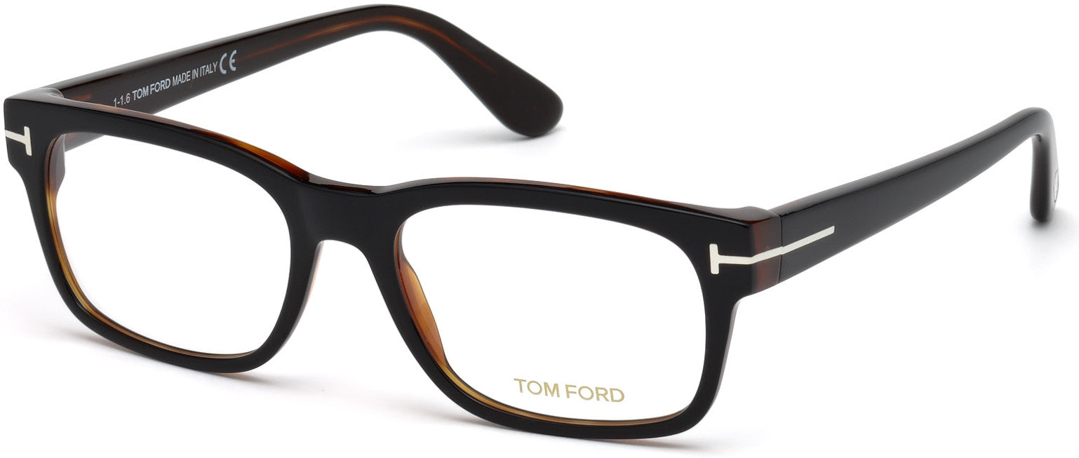 Tom Ford FT5432-F Geometric Eyeglasses 005-005 - Black Outside, Havana Inside