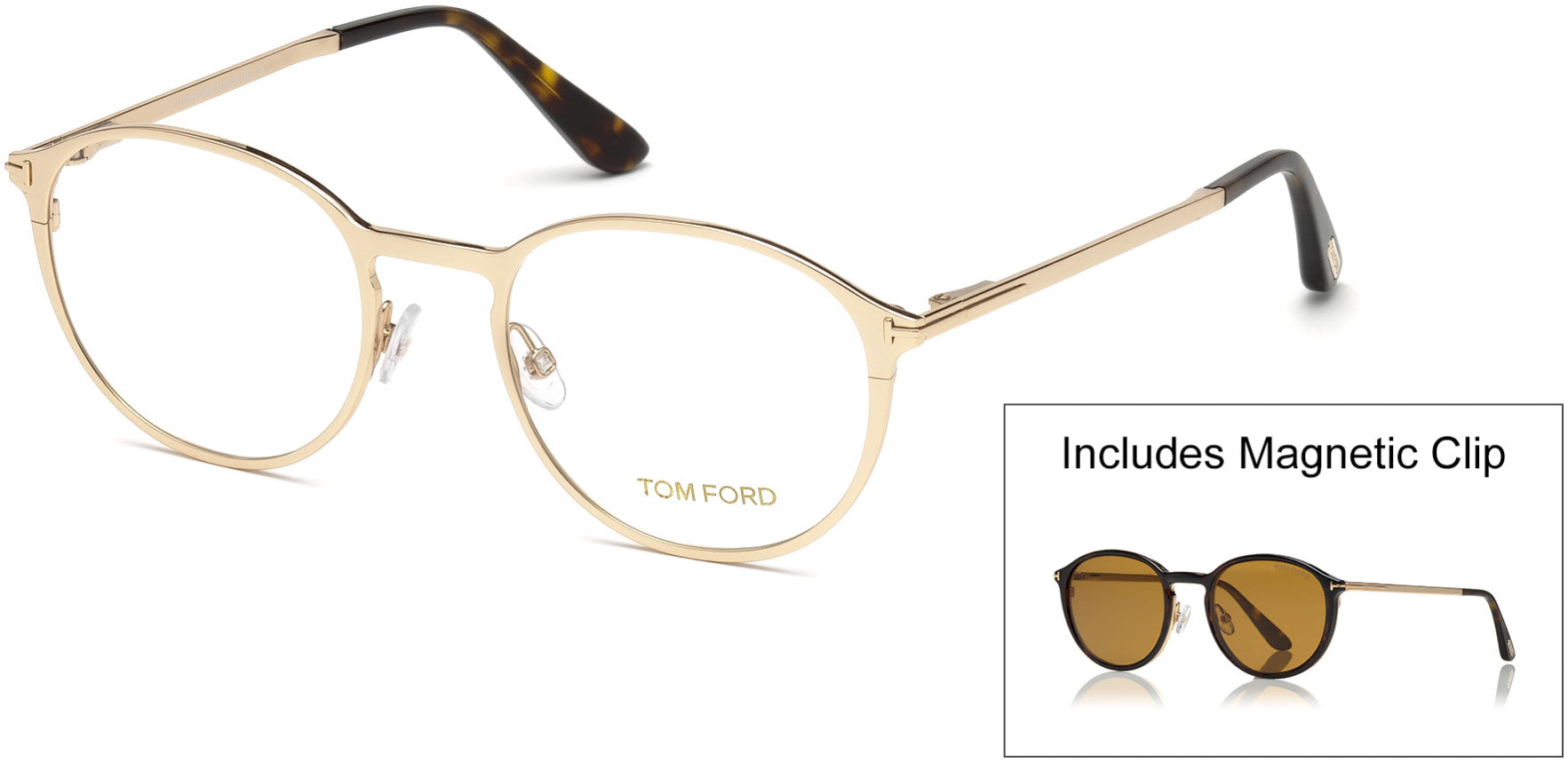 Tom Ford FT5476 Round Eyeglasses 28E-28E - Shiny Rose Gold / Shiny Dark Havana, Brown Lens Clip-On