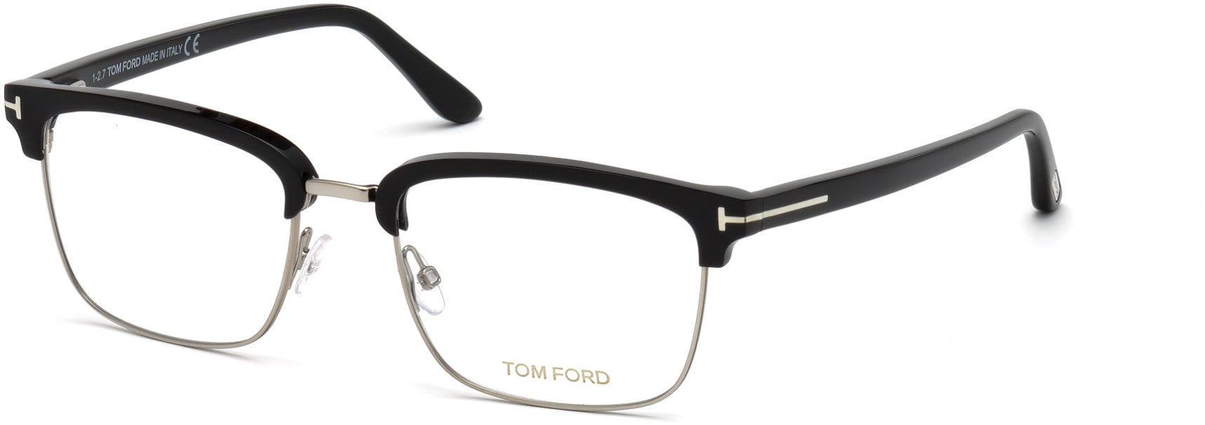 Tom Ford FT5504 Geometric Eyeglasses 005-005 - Shiny Black Acetate Front & Temples, Shiny Palladium Metal