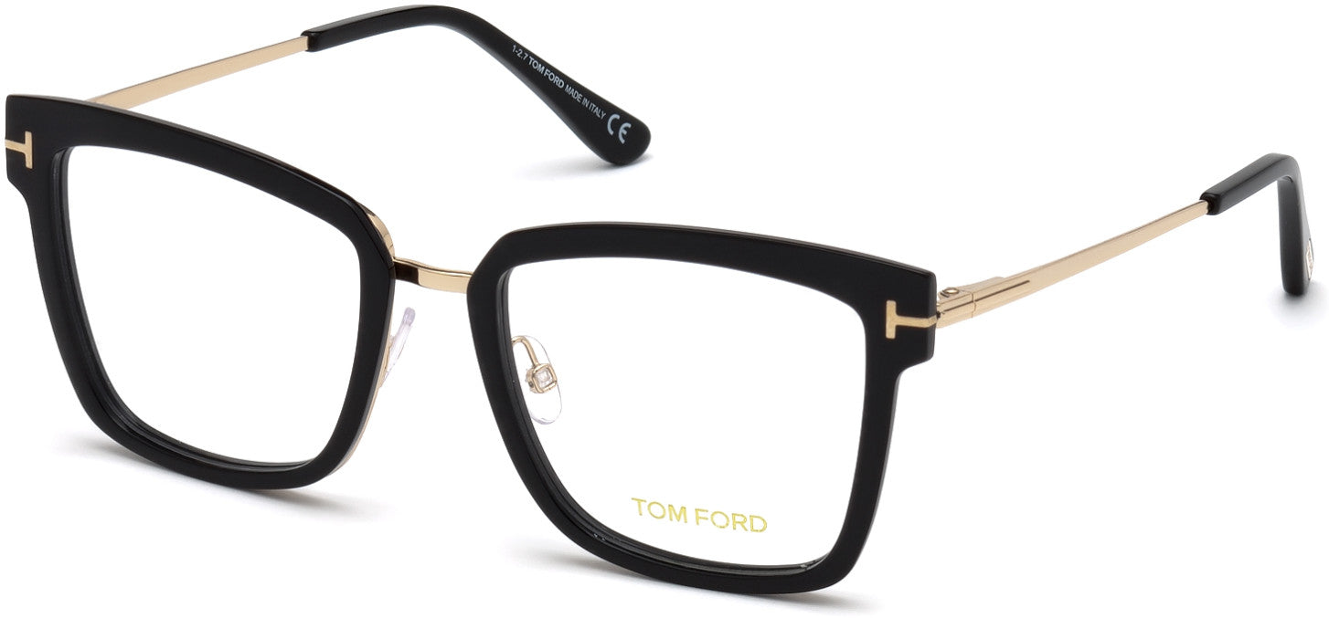 Tom Ford FT5507 Geometric Eyeglasses 001-001 - Shiny Black Front, Shiny Rose Gold Bridge & Temples