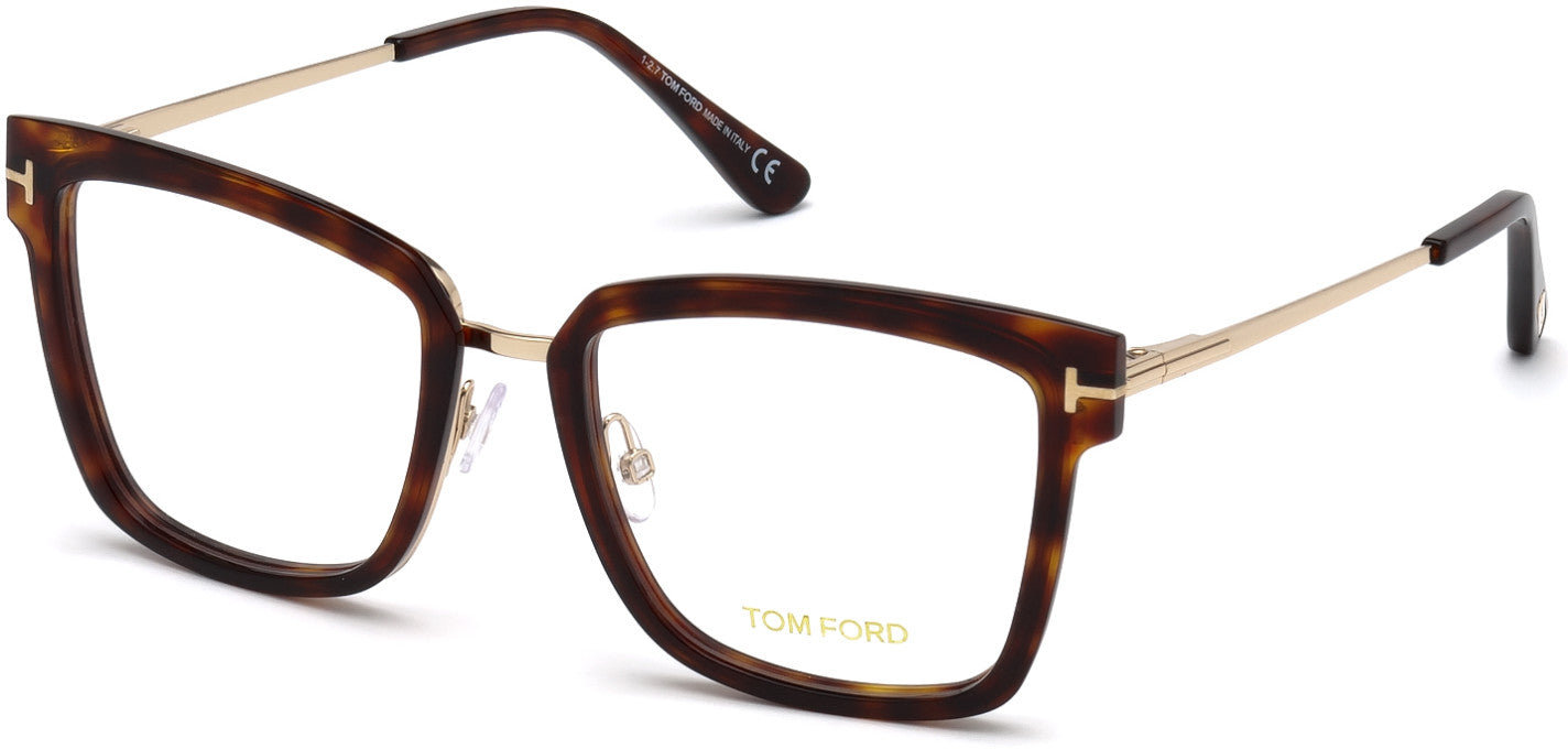 Tom Ford FT5507 Geometric Eyeglasses 054-054 - Shiny Red Havana Front, Shiny Rose Gold Bridge & Temples
