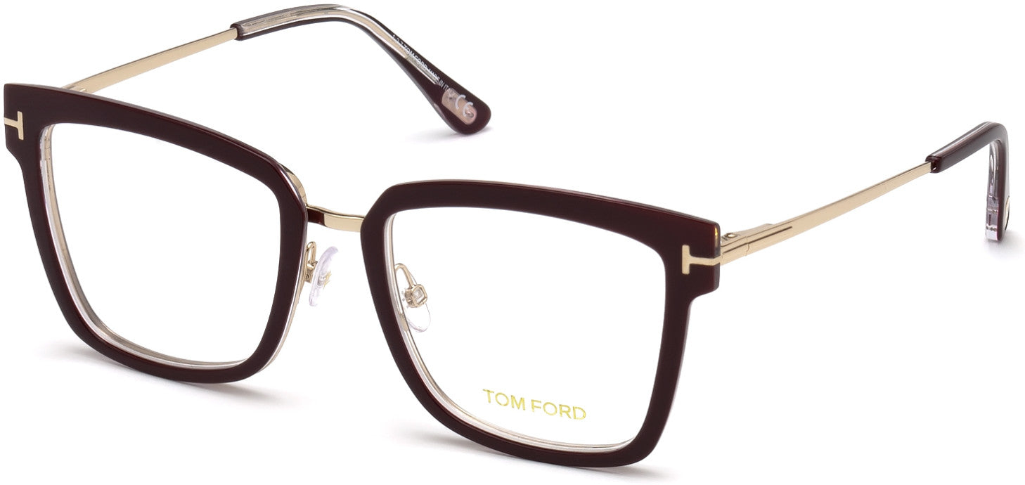 Tom Ford FT5507 Geometric Eyeglasses 071-071 - Shiny Plum & Crystal Front, Shiny Rose Gold Bridge & Temples