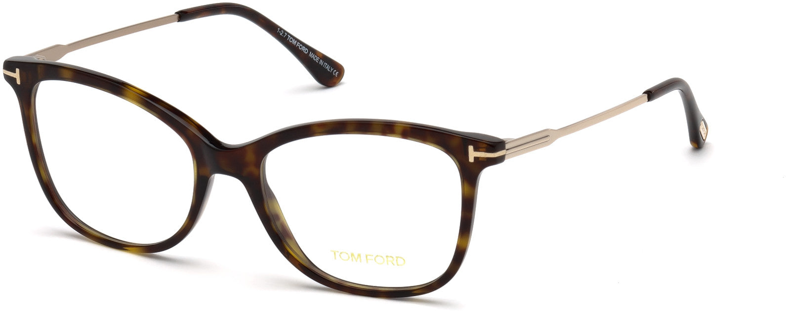 Tom Ford FT5510 Cat Eyeglasses 052-052 - Shiny Classic Dark Havana Front, Shiny Rose Gold Temples