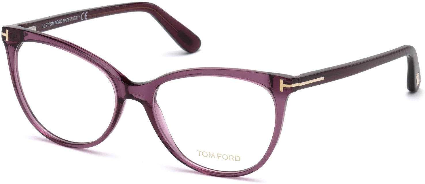 Tom Ford FT5513 Geometric Eyeglasses 081-081 - Shiny Dark Transparent Violet, Rose Gold "t" Logo
