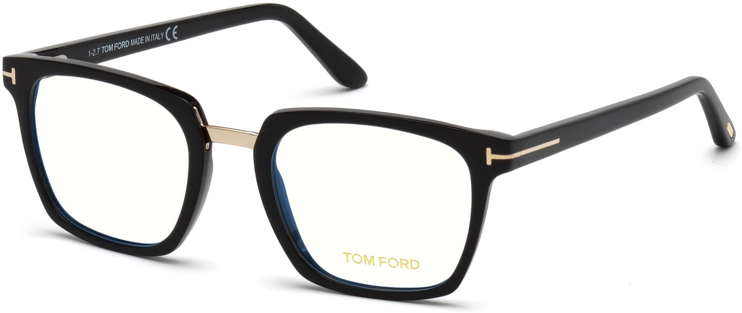 Tom Ford FT5523-B Geometric Eyeglasses 001-001 - Shiny Black, Shiny Rose Gold Bridge & "t" Logo/ Blue Block Lenses