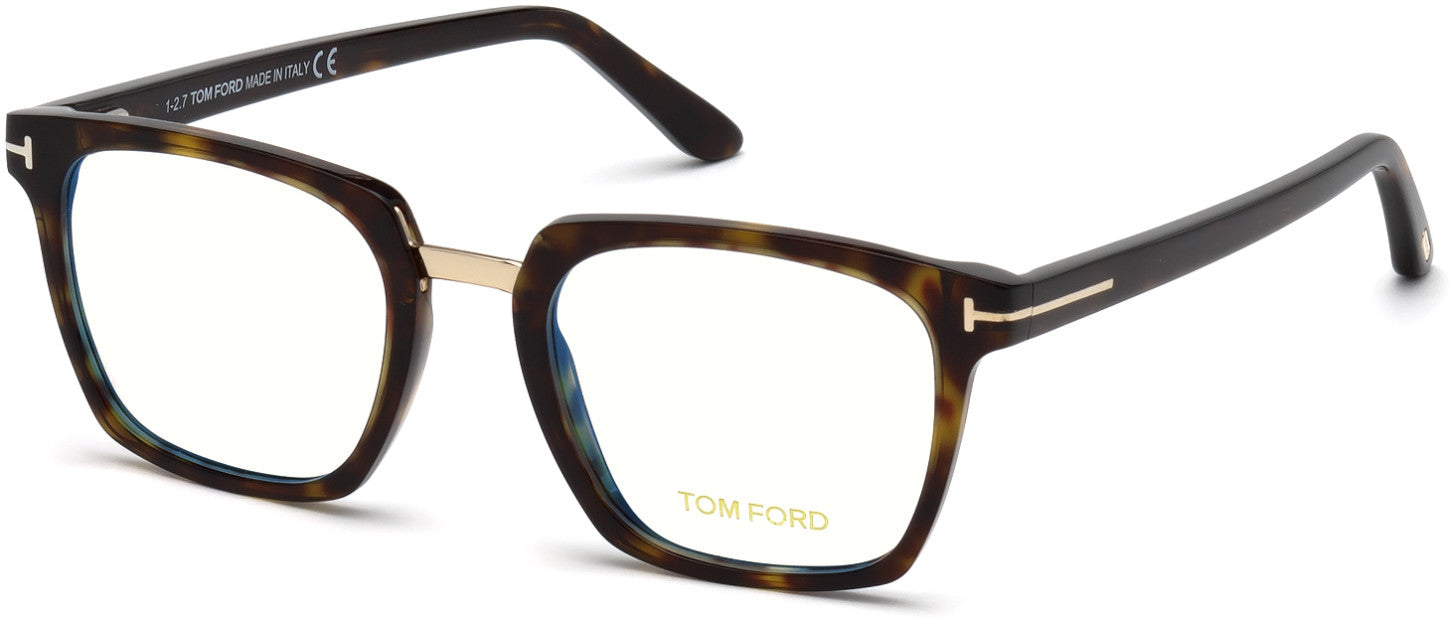 Tom Ford FT5523-B Geometric Eyeglasses 052-052 - Classic Dark Havana, Rose Gold Bridge & "t" Logo/ Blue Block Lenses