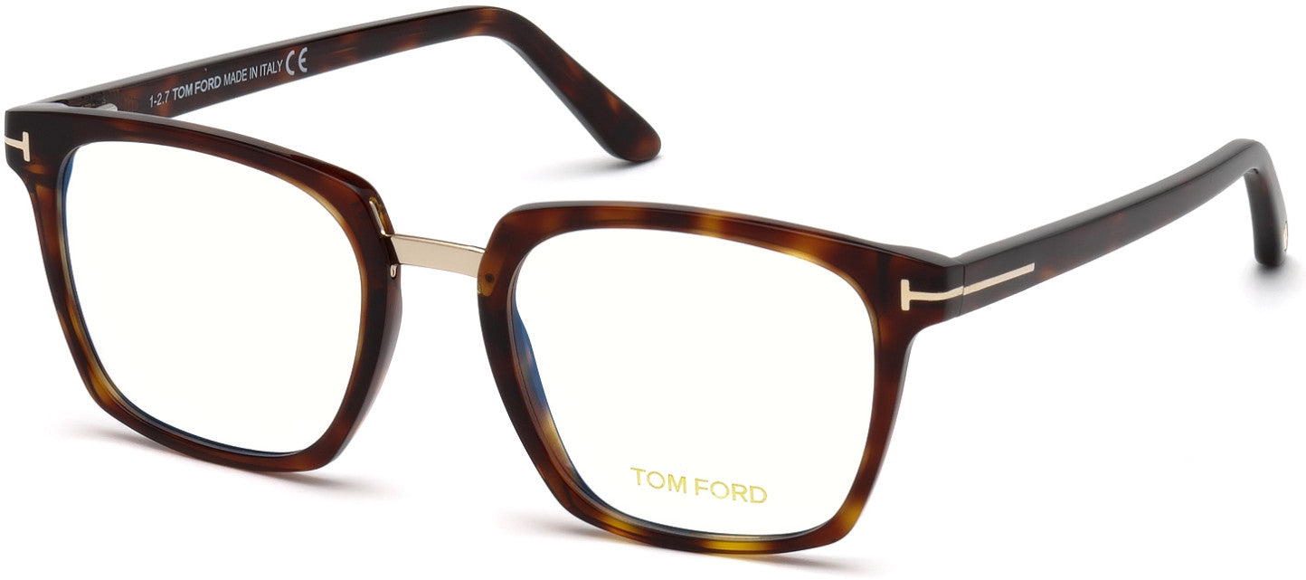 Tom Ford FT5523-B Geometric Eyeglasses 054-054 - Shiny Red Havana, Shiny Rose Gold Bridge & "t" Logo/ Blue Block Lenses