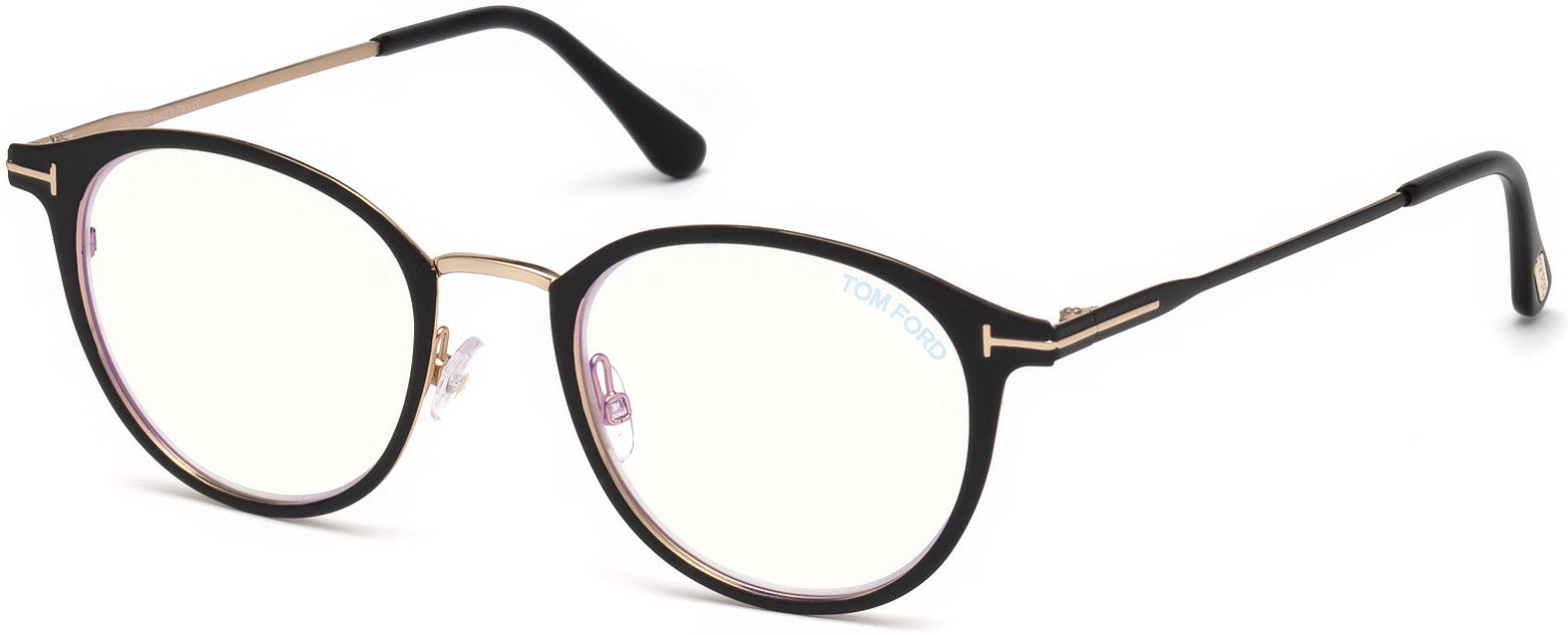 Tom Ford FT5528-B Oval Eyeglasses 002-002 - Matte Black, Shiny Rose Gold Bridge & "t" Logo/ Blue Block Lenses