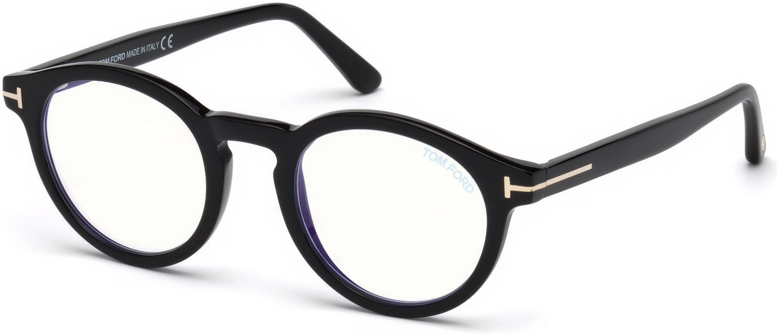 Tom Ford FT5529-B Round Eyeglasses 001-001 - Shiny Black/ Blue Block Lenses