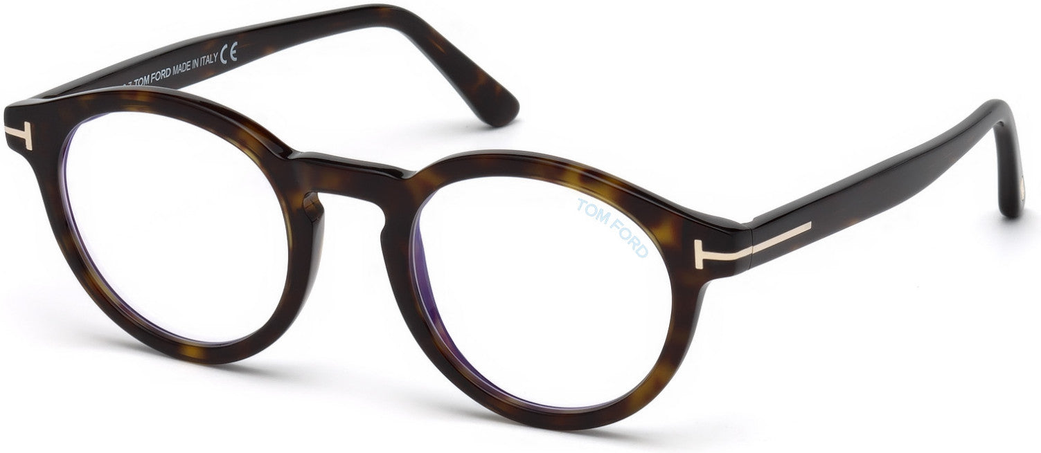 Tom Ford FT5529-B Round Eyeglasses 052-052 - Shiny Dark Havana/ Blue Block Lenses