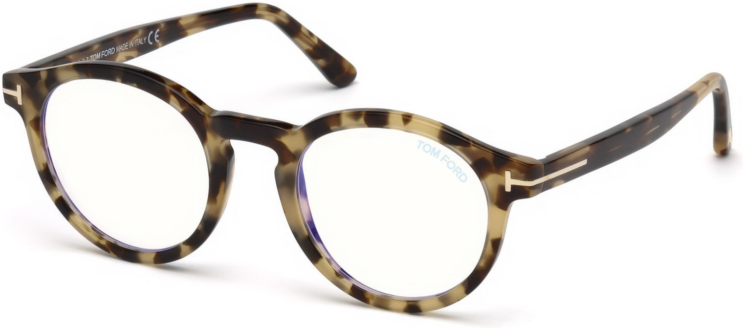 Tom Ford FT5529-B Round Eyeglasses 055-055 - Shiny Vintage Havana/ Blue Block Lenses
