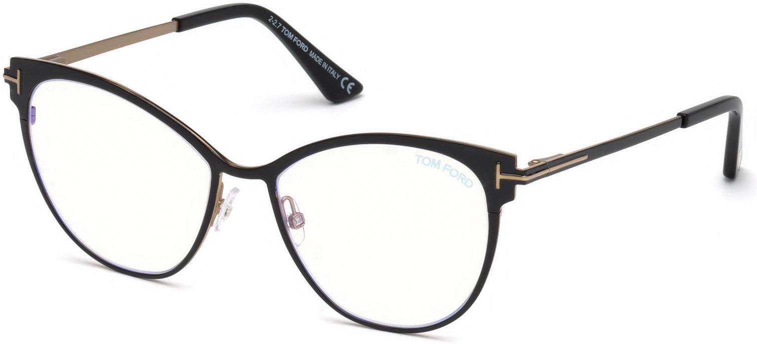 Tom Ford FT5530-B Butterfly Eyeglasses 001-001 - Shiny Black, Shiny Rose Gold Inside & "t" Logo / Blue Block Lenses