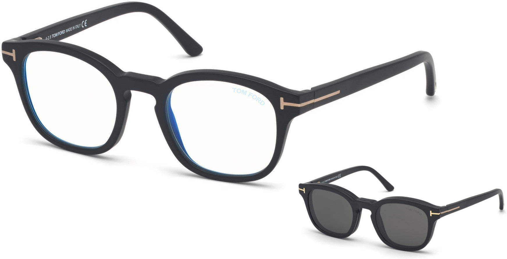Tom Ford FT5532-B Geometric Eyeglasses 02A-02A - Matte Black/ Blue Block Lenses, Smoke Clip In Black Leather