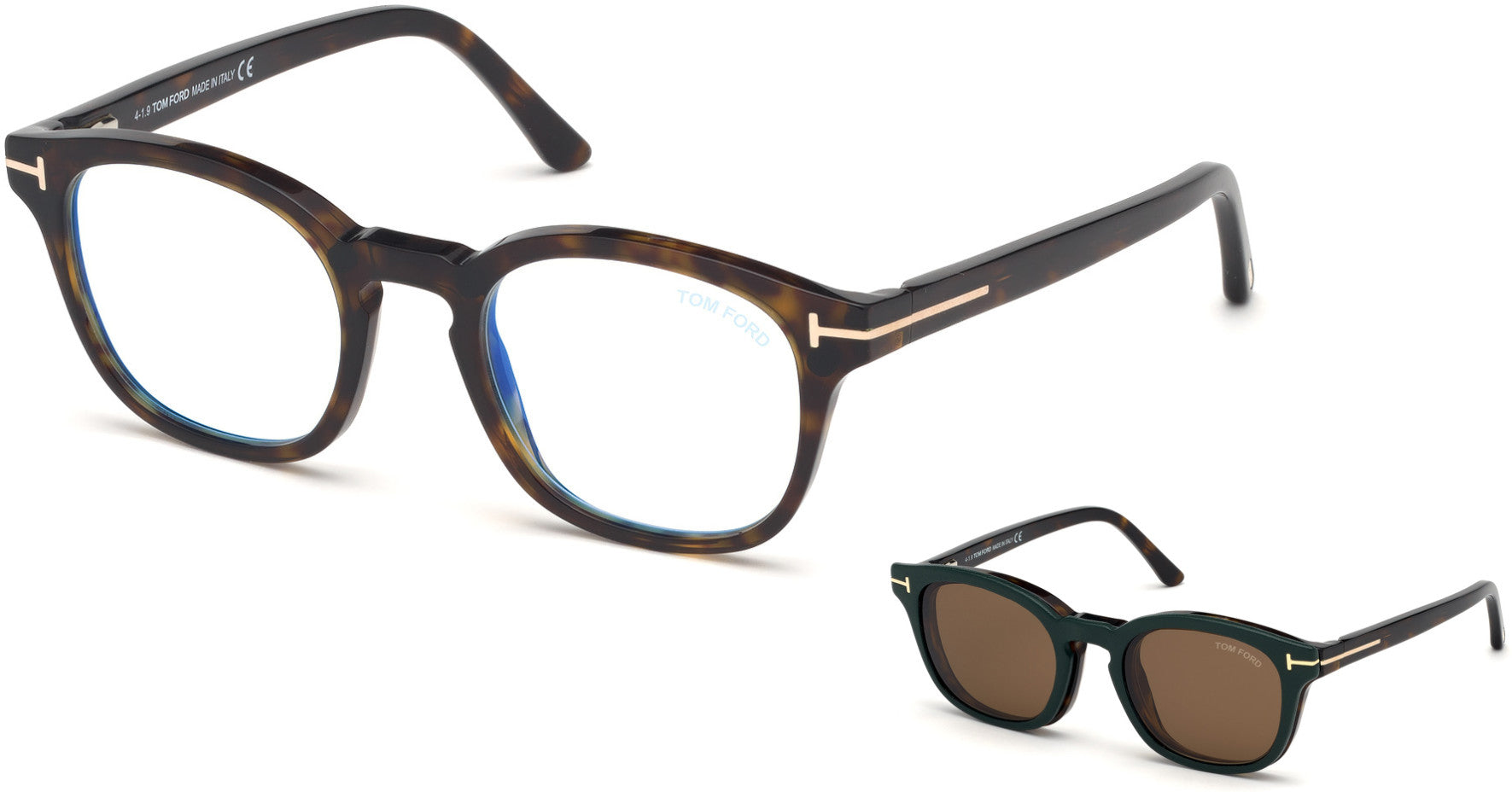 Tom Ford FT5532-B Geometric Eyeglasses 52J-52J - Havana/ Blue Block Lenses, Brown Clip In Green Leather