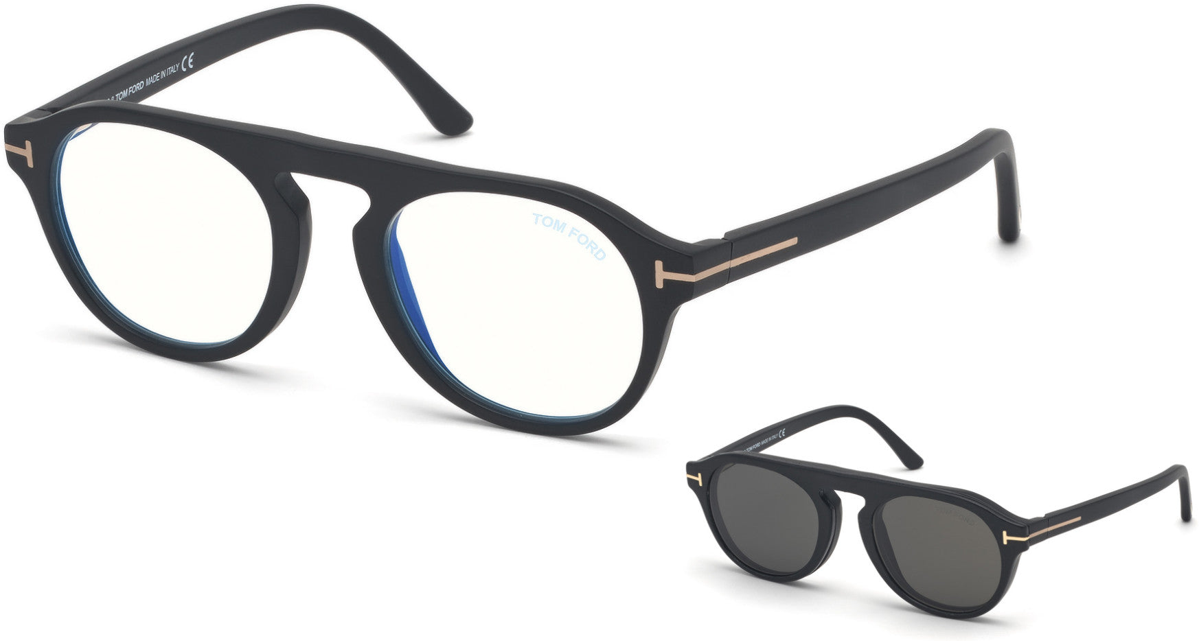 Tom Ford FT5533-B Oval Eyeglasses 02A-02A - Matte Black/ Blue Block Lenses, Smoke Clip In Black Leather