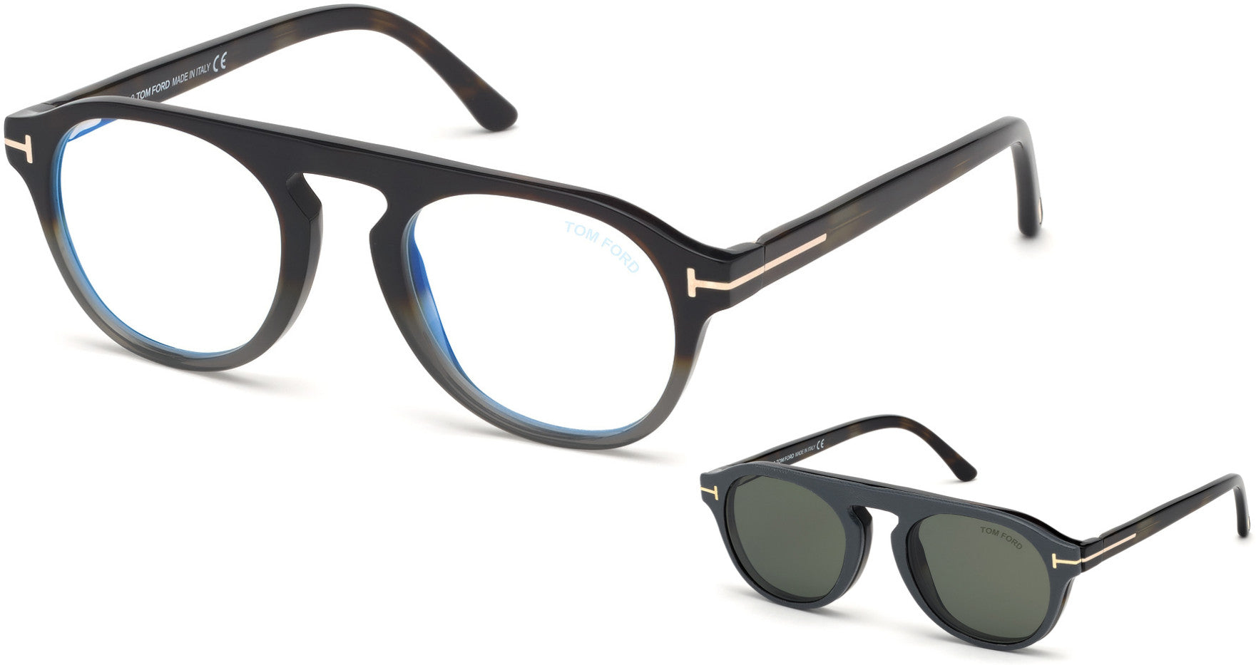 Tom Ford FT5533-B Oval Eyeglasses 55N-55N - Havana-To-Grey/ Blue Block Lenses, Green Clip In Dark Brown Leather