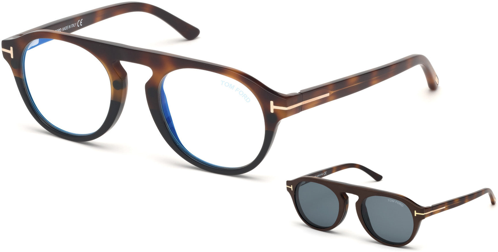 Tom Ford FT5533-B Oval Eyeglasses 56V-56V - Havana-To-Black/ Blue Block Lenses, Vintage Blue Clip In Brown Leather