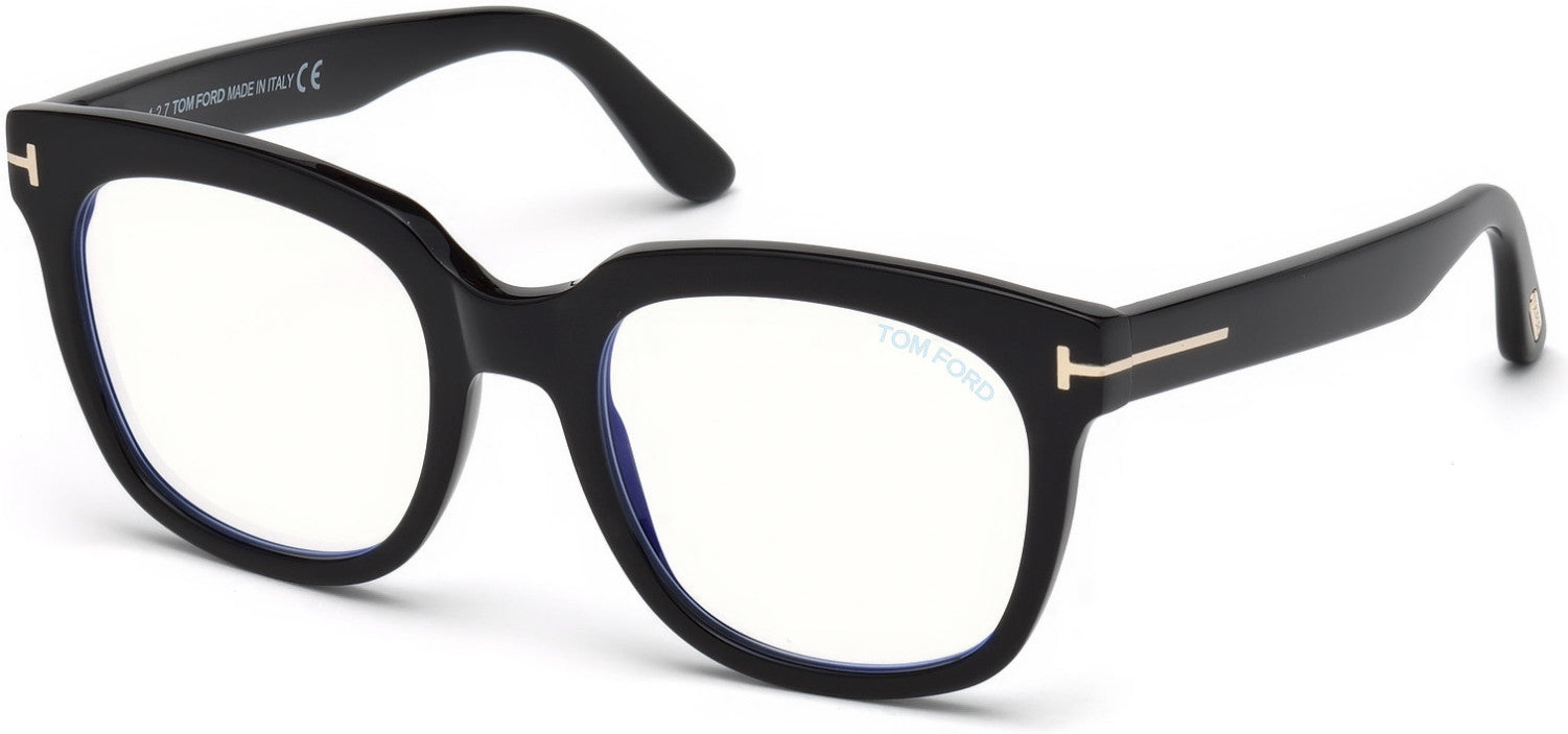 Tom Ford FT5537-B Geometric Eyeglasses 001-001 - Shiny Black/ Blue Block Lenses