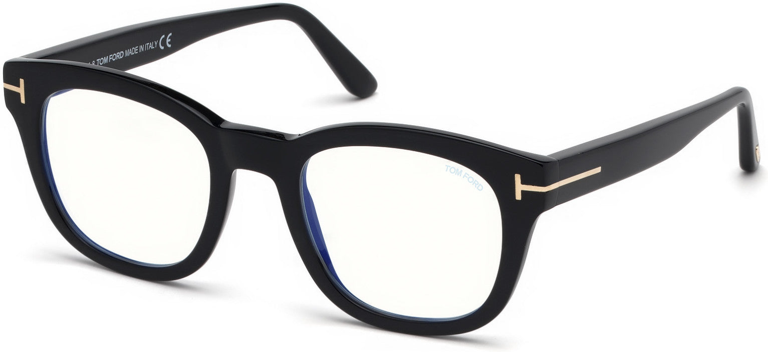 Tom Ford FT5542-B Geometric Eyeglasses 001-001 - Shiny Black, Shiny Rose Gold "t" Logo / Blue Block Lenses