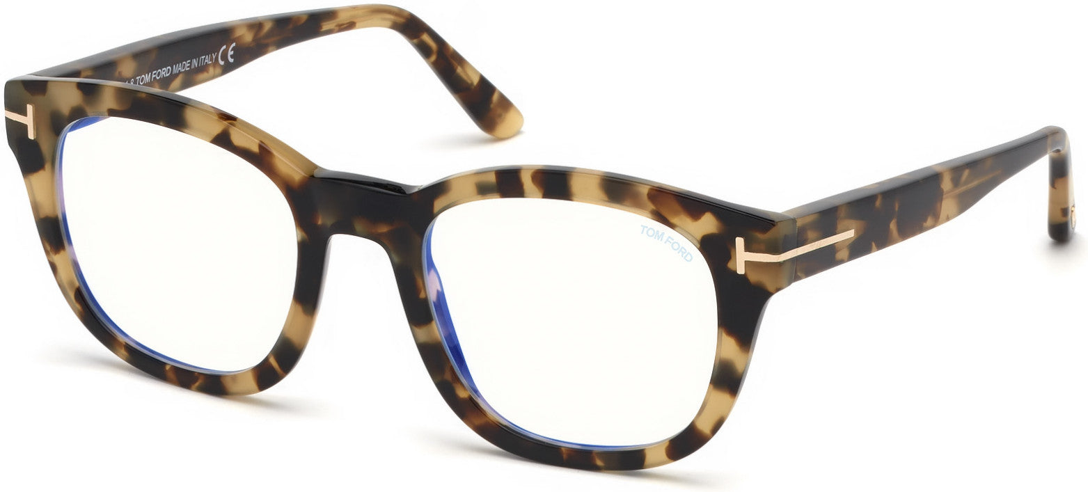 Tom Ford FT5542-B Geometric Eyeglasses 056-056 - Shiny Vintage Havana, Shiny Rose Gold "t" Logo  / Blue Block Lenses