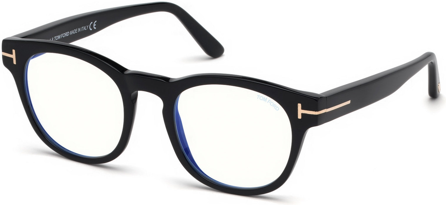 Tom Ford FT5543-F-B Geometric Eyeglasses 001-001 - Shiny Black, Shiny Rose Gold  "t" Logo / Blue Block Lenses