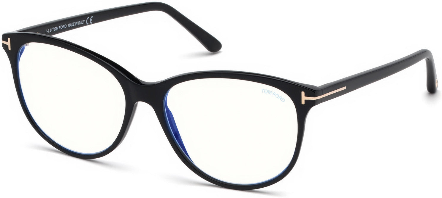 Tom Ford FT5544-B Cat Eyeglasses 001-001 - Shiny Black, Shiny Rose Gold  "t" Logo / Blue Block Lenses