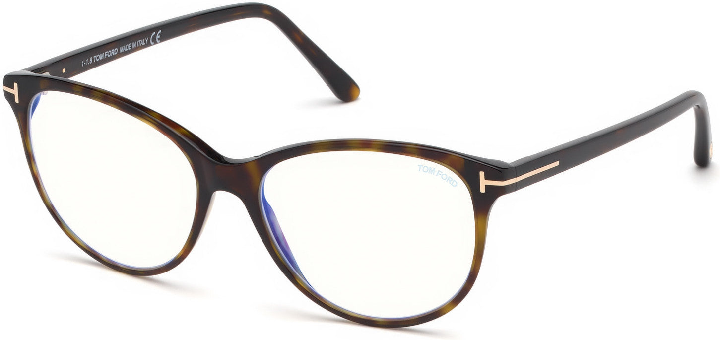 Tom Ford FT5544-B Cat Eyeglasses 052-052 - Shiny Dark Havana, Shiny Rose Gold  "t" Logo / Blue Block Lenses
