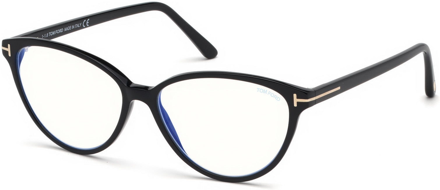 Tom Ford FT5545-B Cat Eyeglasses 001-001 - Shiny Black, Shiny Rose Gold  "t" Logo / Blue Block Lenses