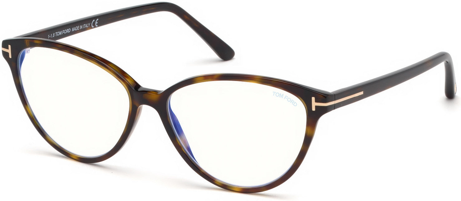 Tom Ford FT5545-B Cat Eyeglasses 052-052 - Shiny Dark Havana, Shiny Rose Gold  "t" Logo / Blue Block Lenses