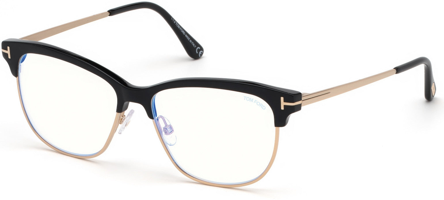 Tom Ford FT5546-B Geometric Eyeglasses 001-001 - Shiny Black, Shiny Rose Gold / Blue Block Lenses
