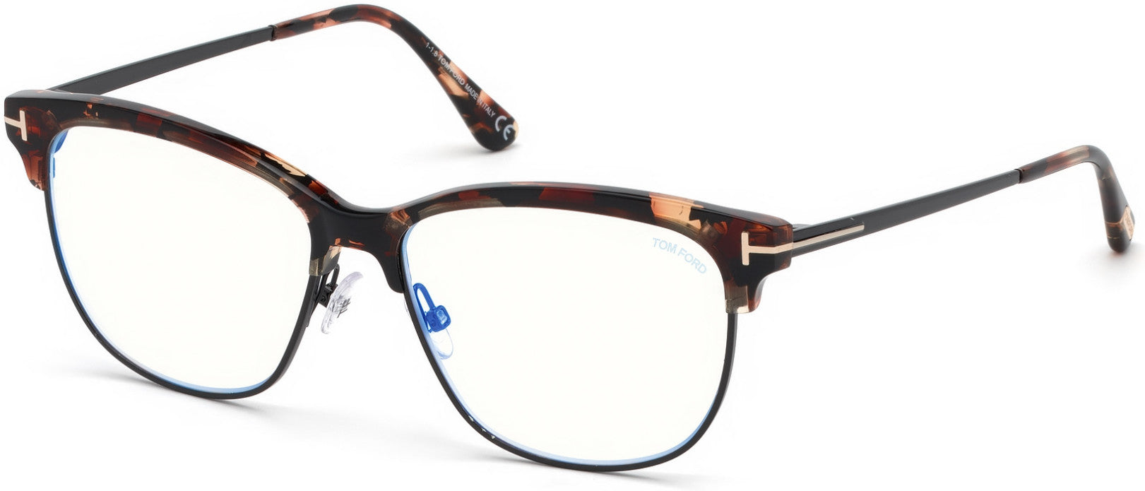 Tom Ford FT5546-B Geometric Eyeglasses 055-055 - Shiny Red Havana, Shiny Black  / Blue Block Lenses