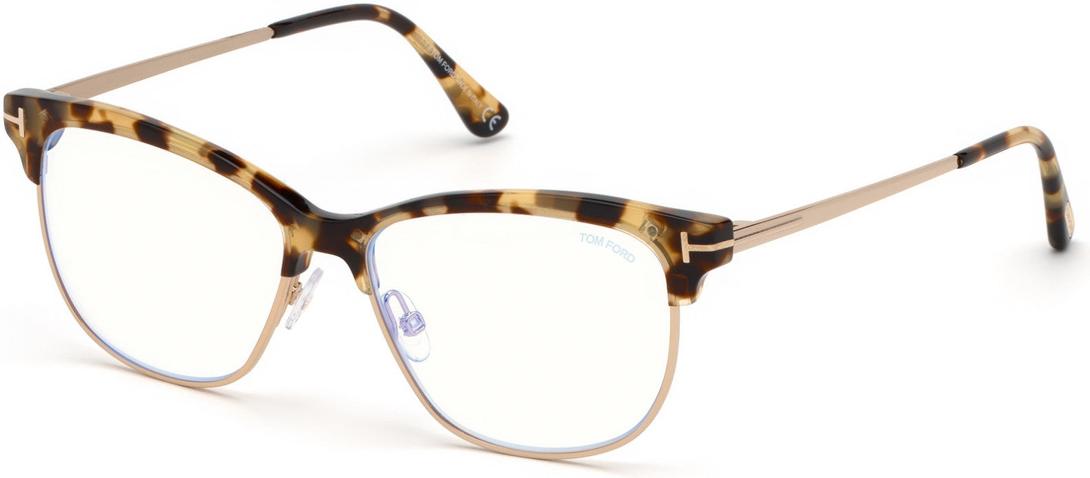 Tom Ford FT5546-B Geometric Eyeglasses 056-056 - Shiny Tortoise, Shiny Rose Gold / Blue Block Lenses