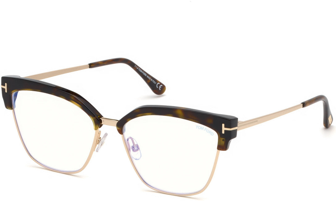 Tom Ford FT5547-B Geometric Eyeglasses 052-052 - Shiny Dark Havana, Shiny Rose Gold / Blue Block Lenses