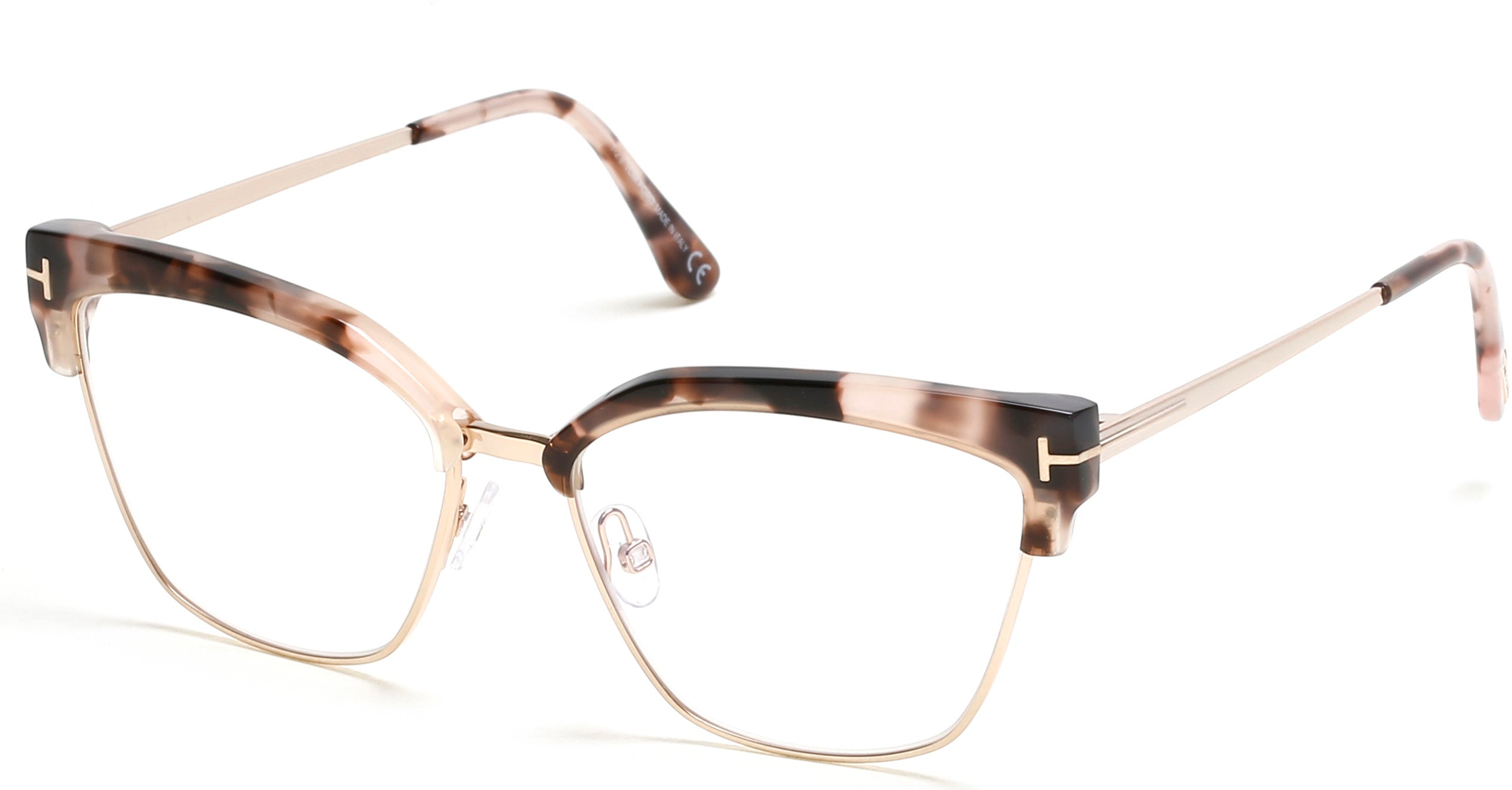 Tom Ford FT5547-B Geometric Eyeglasses 054-054 - Shiny Pink Havana, Shiny Rose Gold / Blue Block Lenses
