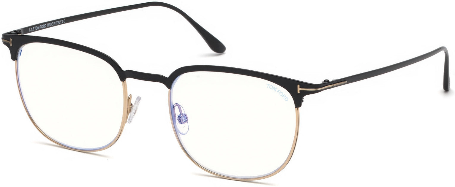Tom Ford FT5549-B Geometric Eyeglasses 001-001 - Matte Black Enamel, Matte Rose Gold / Blue Block Lenses